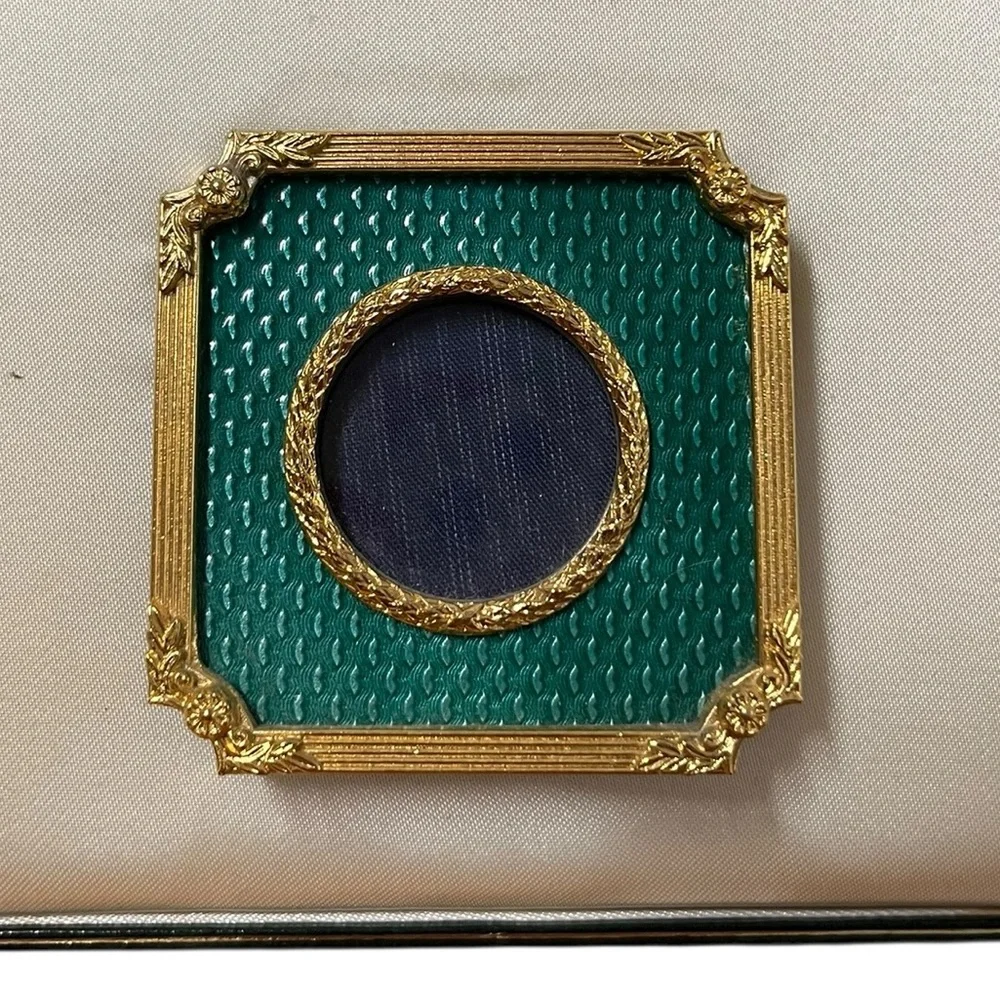 Antique Kitney & Co Guilloche Enamel Frame Green Gold Gilded Boxed 2.25in